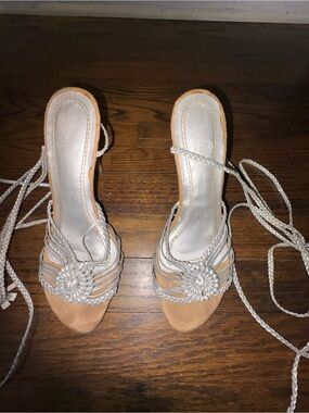 Silver  Lace-Up Strappy Heeled Sandals.